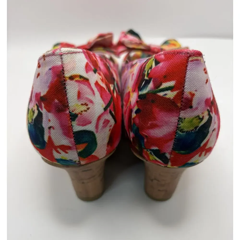 Dexflex Comfort Floral Cork Wedge Peep Toe Pumps Women's Size 8W Pink Bow Shoes